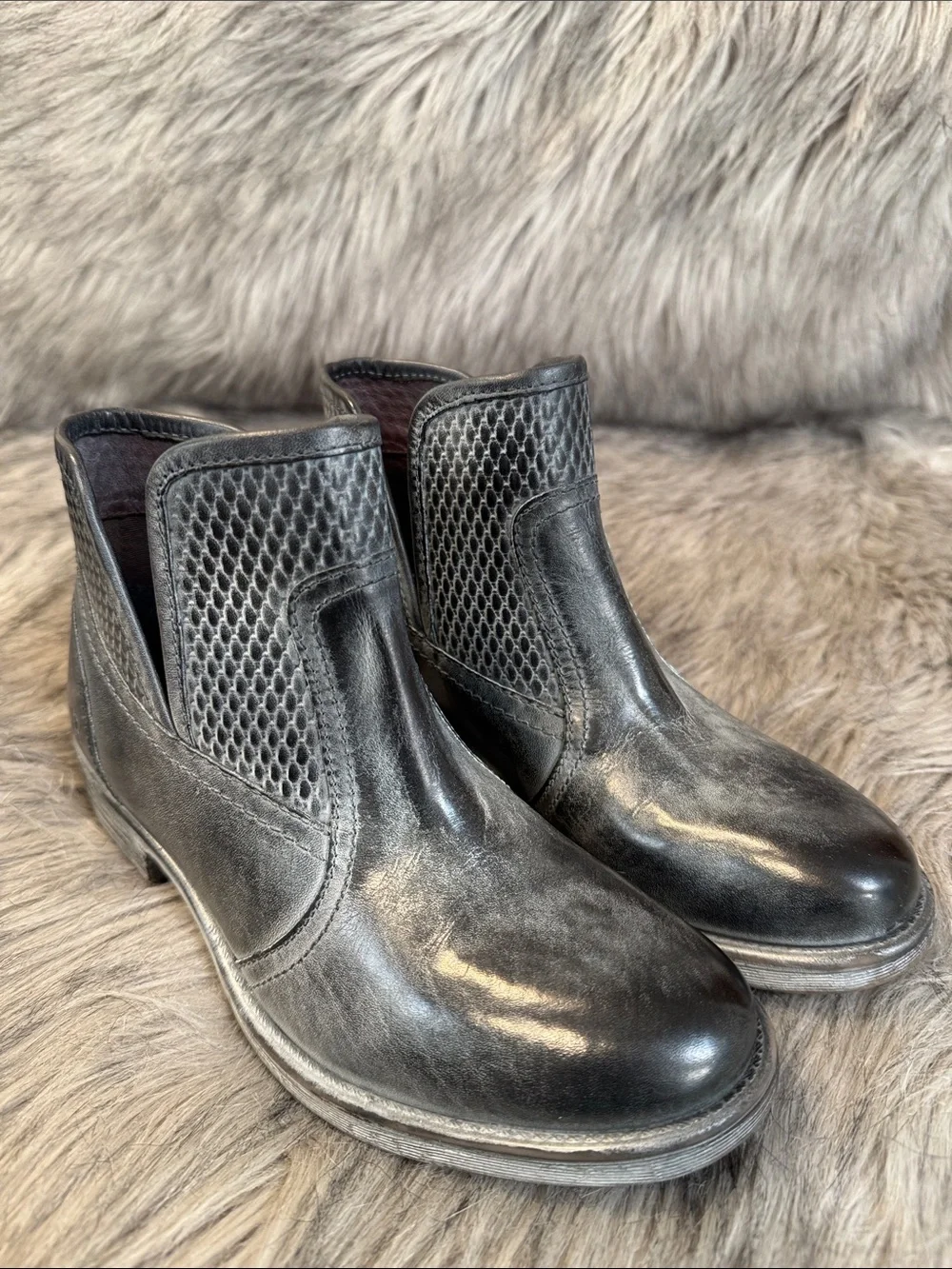 ROAN by BED|STU Black & Gray Leather Slip-On Ankle Booties with Textured Panels